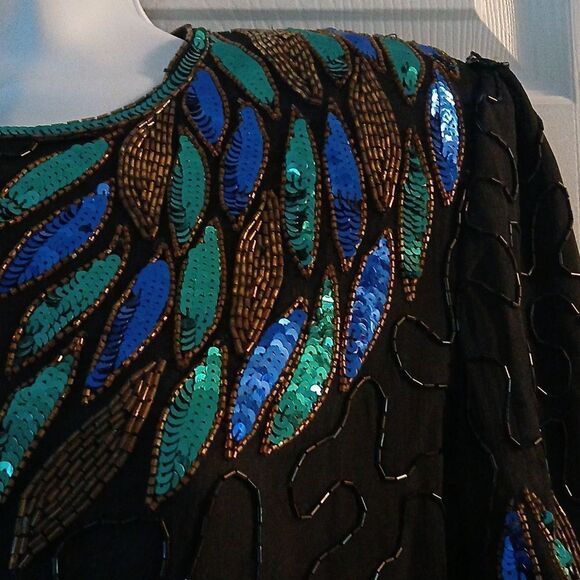 Denise Elle black  blue green beaded sequin vintage blouse  Sz PM - Picture 6 of 9
